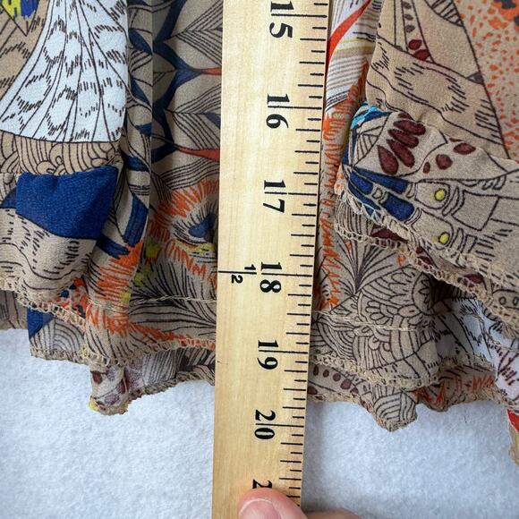 HOPE Boho Sheer Printed Cape Poncho Top Tan Tie Neck Ruffle Hem Festival Hippie - Picture 11 of 11